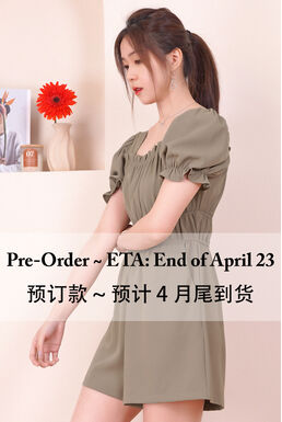 MIYACO Square Neck Puff Sleeve Ruched Playsuit (Khaki) PRE-ORDER (ETA END OF APRIL 2023)